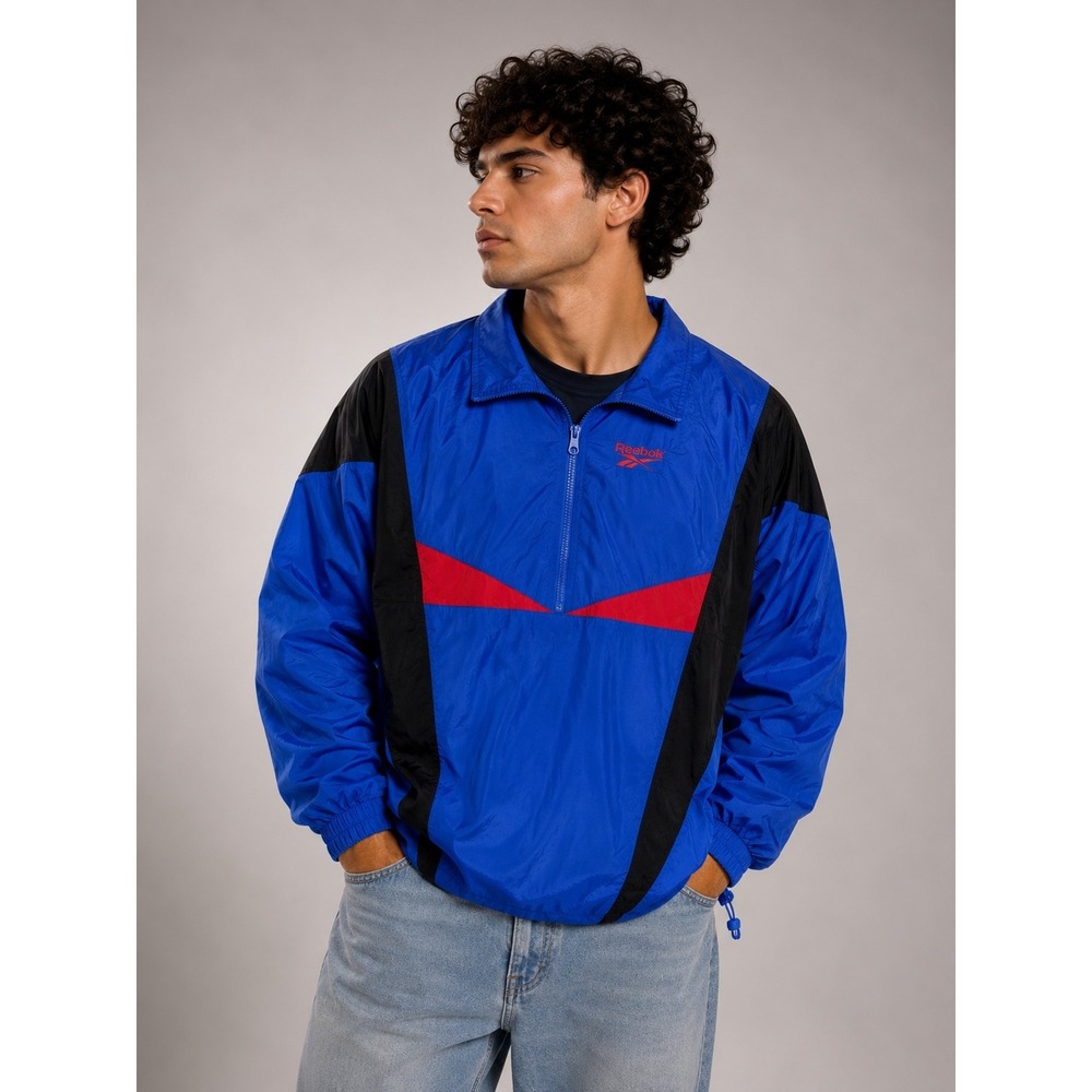 Vintage Reebok Windbreaker Mens XL Blue Black Red Colorblock 1/4 Zip Pullover